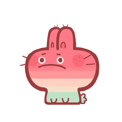 a cartoon rabbit with a sad face is sitting on a white surface .