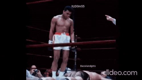 a man in a boxing ring with the words baconandgrits on the bottom right
