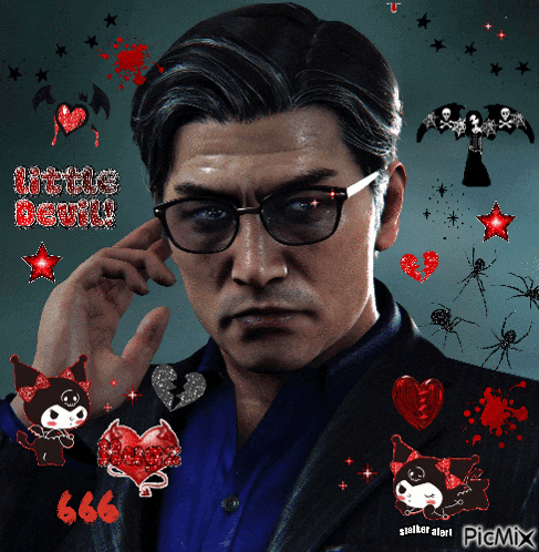 a picture of a man with glasses and the words little devil in the background
