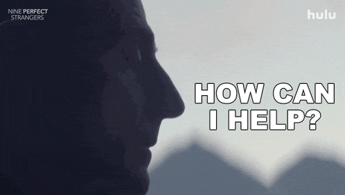 a poster for nine perfect strangers shows a man 's face and says " how can i help "