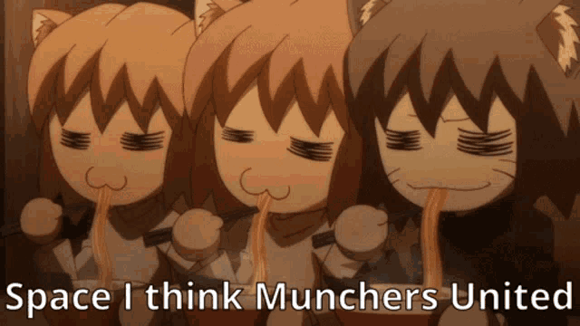three anime characters are eating noodles with the words space i think munchers united below them
