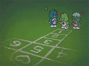a cartoon of care bears playing hopscotch on a field