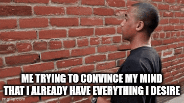 a man is standing in front of a brick wall and trying to convince his mind that he already has everything he desire .