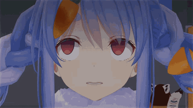 a close up of a girl 's face with a carrot in her hair