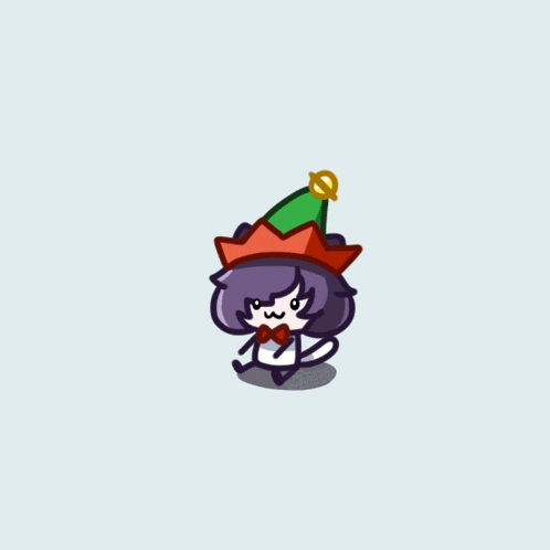 a cartoon character with purple hair and a green hat