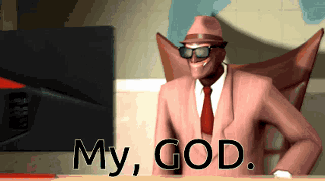 a computer generated image of a man in a suit and tie says my god
