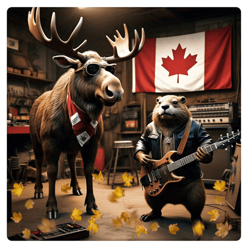 a moose and a beaver are playing guitar in front of a canadian flag