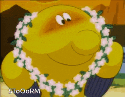 a yellow cartoon character with a lei around his neck and stooorm written below him
