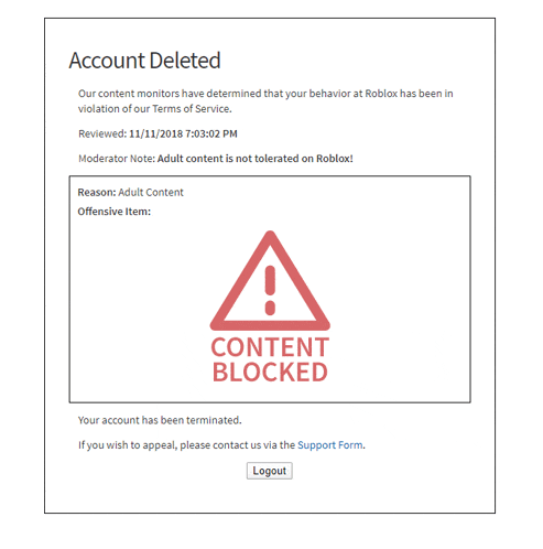 a screenshot of a roblox account deleted page