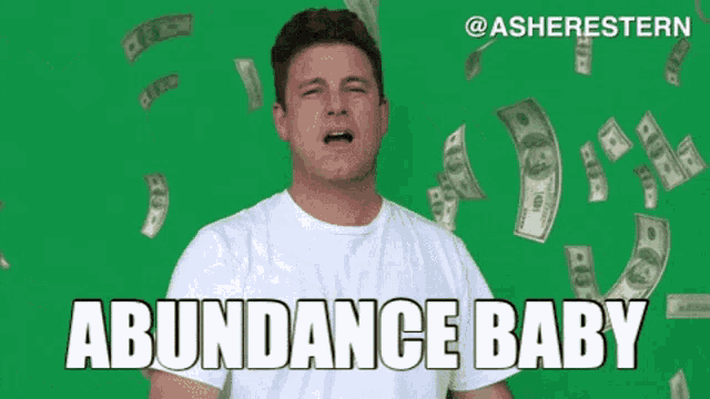 a man is standing in front of a green screen with money falling around him and the words abundance baby .