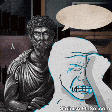 a statue of a man with a speech bubble next to a man with tears on his face