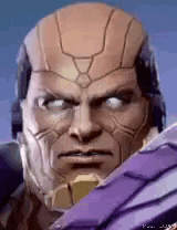 a close up of a cartoon character 's face with a purple shield .
