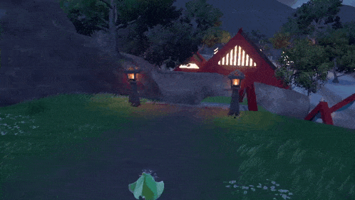 a video game character is standing in a field with trees in the background