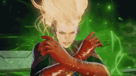 a pixel art of a woman with red gloves on