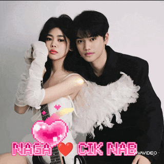 a man and a woman are standing next to each other and the words naga cik nab are on the bottom