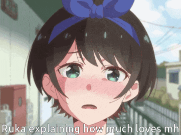 a girl with a blue bow on her head is explaining how much she loves