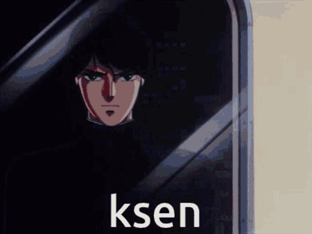 a cartoon of a man looking out a window with the word ksen written below him
