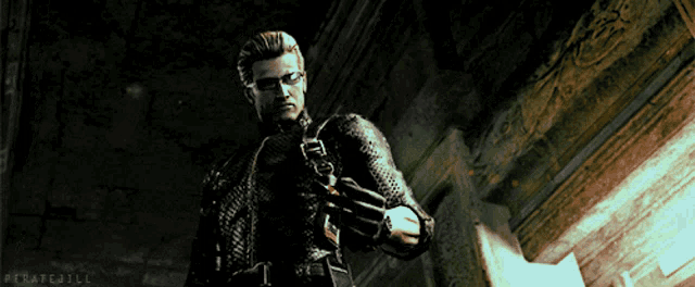 a man holding a gun in front of a wall with the words " piratedill " on the bottom