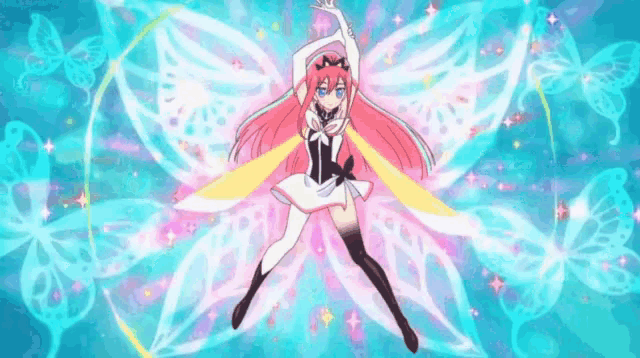 a girl with pink hair and butterfly wings is flying through the air .