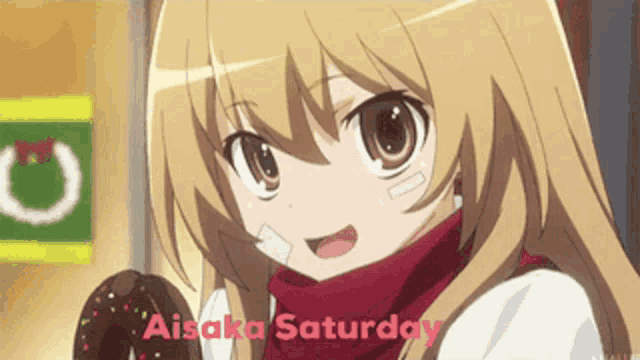 a girl with a scarf around her neck is holding a donut and says " aisaka saturday " in red letters