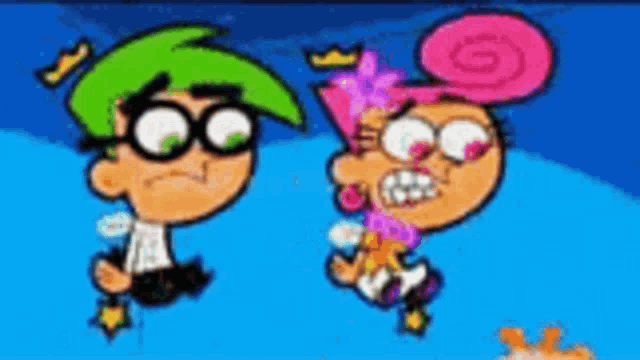 a boy and a girl are standing next to each other in a cartoon .