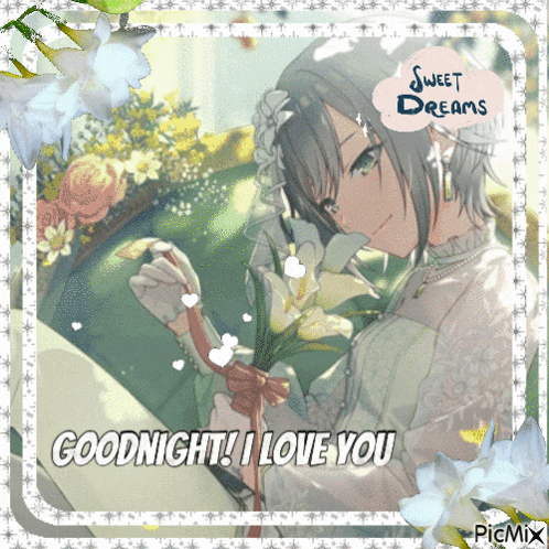 a picture of a girl holding a bouquet of flowers with the words goodnight i love you