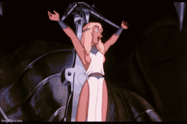 a cartoon of a woman with her arms outstretched in front of a machine