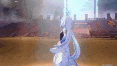 a video game character with long blue hair is walking in a room .