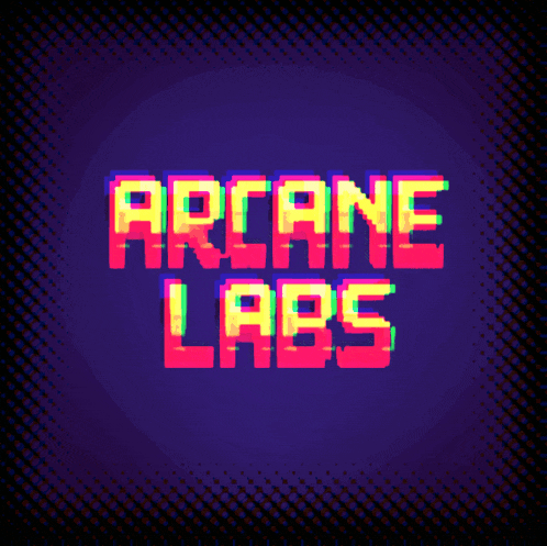 the word arcane labs is displayed in a pixel art style