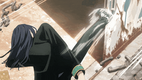 a cartoon of a girl kicking a door