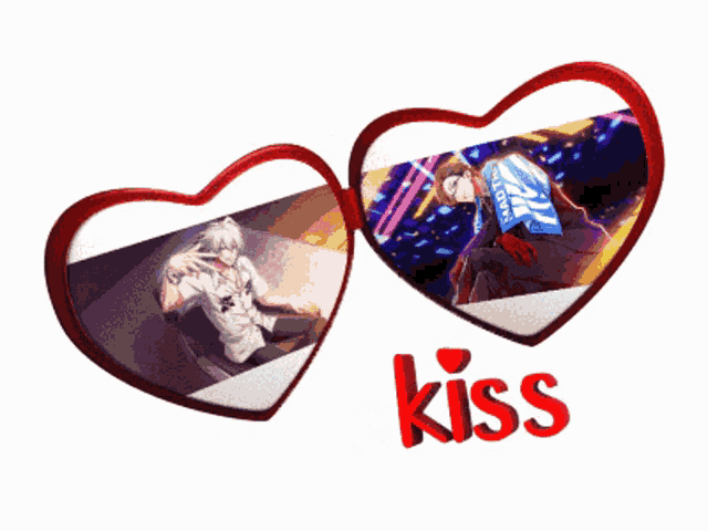 two hearts with a picture of a man and the word kiss