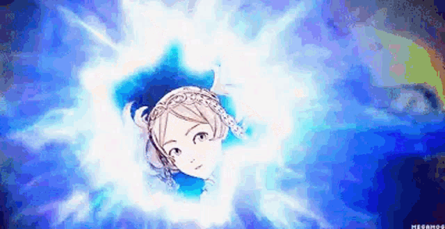 a cartoon character is flying through the air with a blue background and a light coming out of her head .