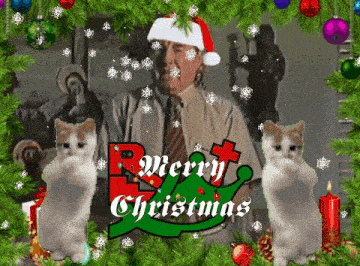 a merry christmas card with a man in a santa hat and two cats