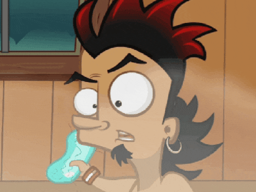 a cartoon of a man with red hair holding a blue object in his hand