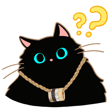 a black cat with blue eyes and a gold chain around its neck has two question marks above its head