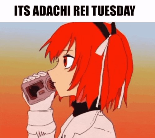 a cartoon of a girl with red hair drinking from a bottle with the words its adachi rei tuesday below her