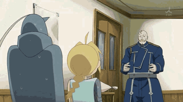 a group of anime characters are standing in a room with the letters tsl on the bottom right corner