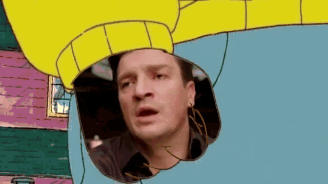 a cartoon of a man looking through a hole in a cartoon character 's head .