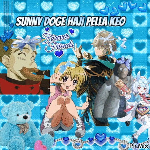 sunny doge haji pella keo is written on a blue background with hearts