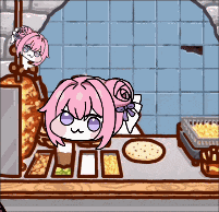 a girl with pink hair and purple eyes is sitting at a counter with food