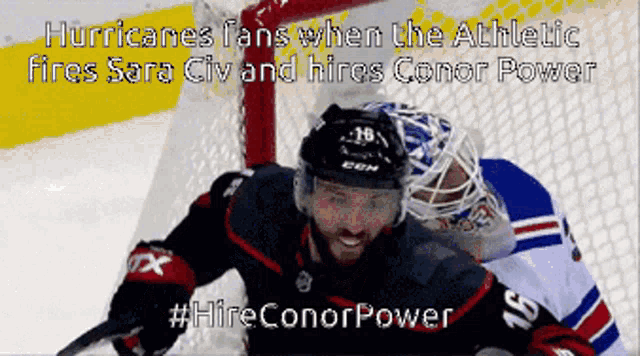 a hockey game is being played between the athletic fires sara city and hires conor power