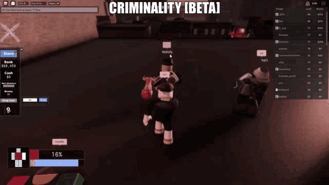 a screenshot of a video game with the words criminality beta at the top