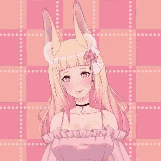 a girl with bunny ears is wearing a pink top