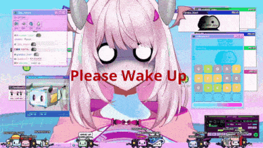 a computer screen with a cartoon girl and the words please wake up