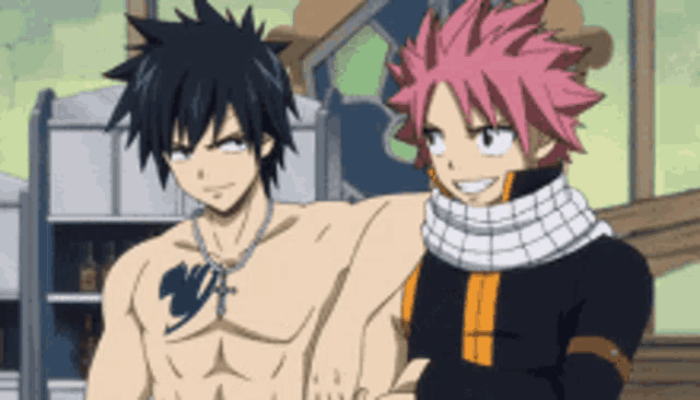 two anime characters gray and natsu are standing next to each other and smiling