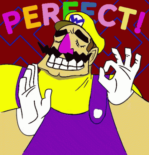 a cartoon of wario giving an ok sign with the word perfect in the background