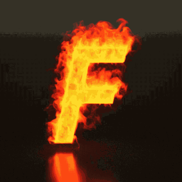 the letter f is covered in flames on a black background