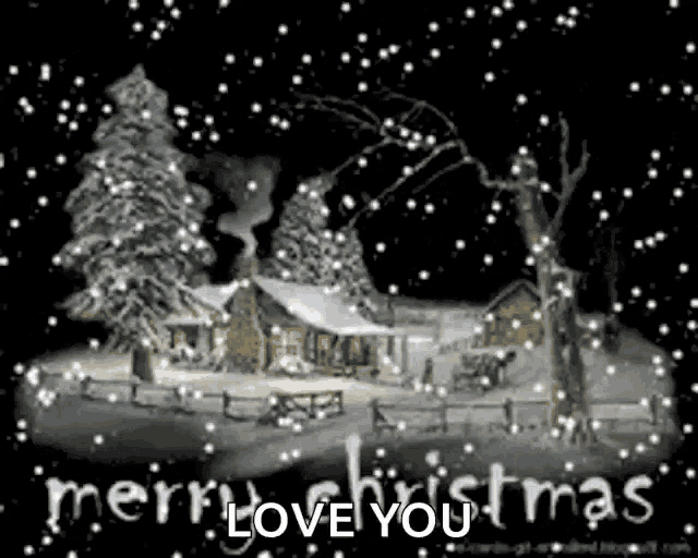 a christmas card with snow falling on a house and trees