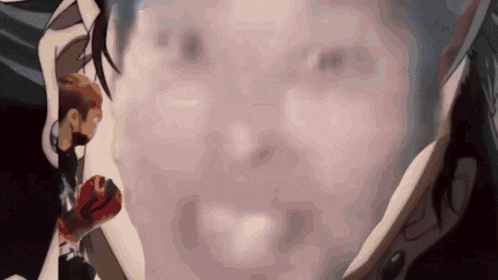 a close up of a man 's face with a cartoon character behind him