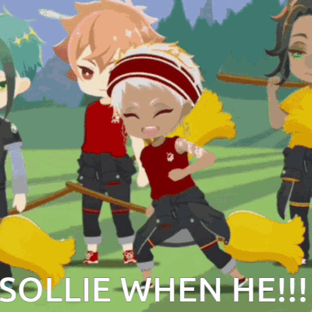 a group of anime characters with the words sollie when he on the bottom right